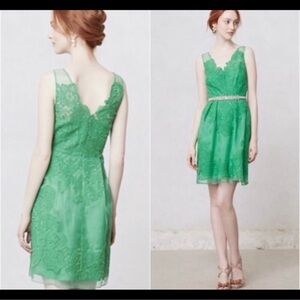 Anthropologie Baraschi Green Lace V-Neck Sleeveless Mini Dress